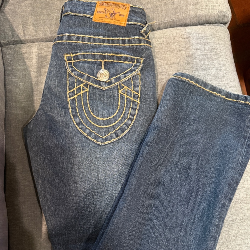 True‎ Religion Bootcut Denim Jeans Women 28 Dark Wash Blue Contrast Stitch Flap